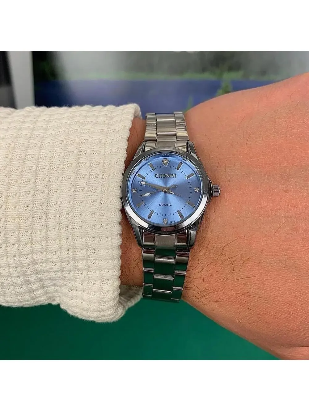 Silver Classy Quartz Round Light Blue Stainless Steel Watch. Stainless steel